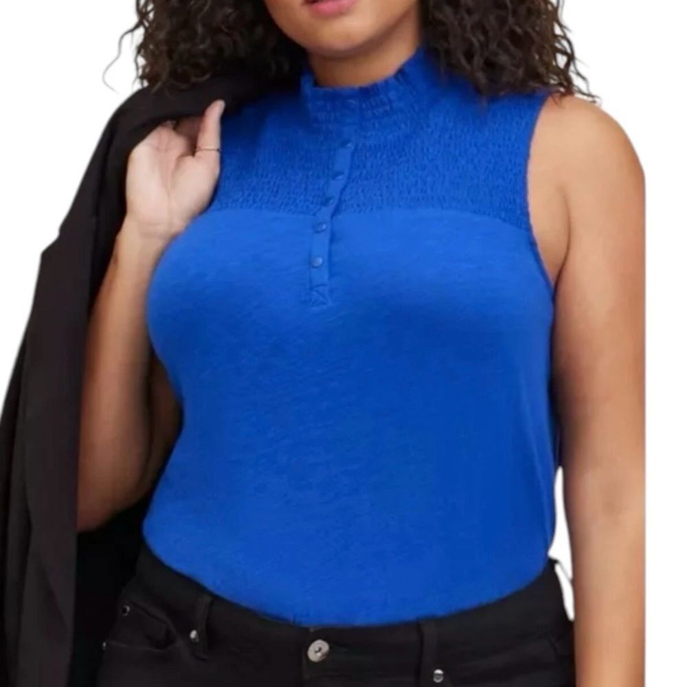 Torrid Top Blue Heritage Smocked Yoke Henley Sleeveless Top, 2X